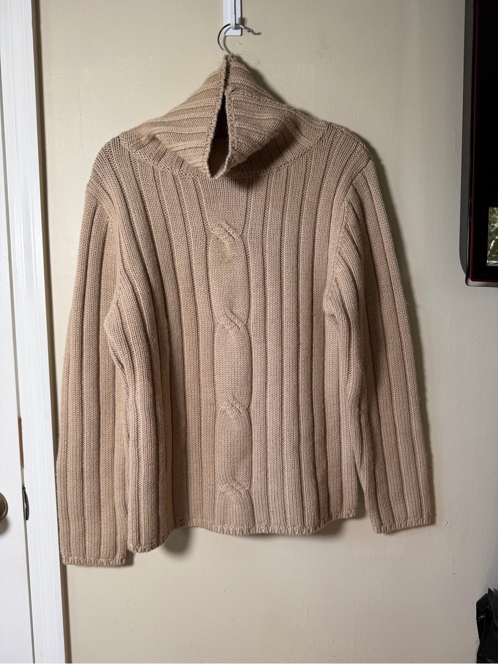 PingPong Tan Ribbed Cable Knit Turtleneck Sweater Large MERINO WOOL